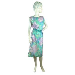 80s/90s Floral Cotton Dress With Elastic Waist And Belt Size M/L